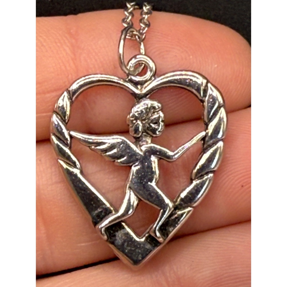 Vintage‎ Necklace Angel Heart Silver Tone Signed 18" - Picture 2 of 9